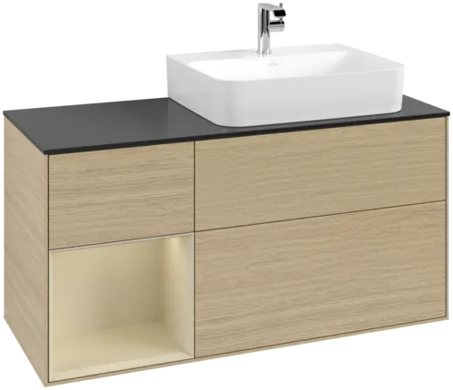 Picture of VILLEROY BOCH Finion Vanity unit, with lighting, 3 pull-out compartments, 1200 x 603 x 501 mm, Oak Veneer / Silk Grey Matt Lacquer / Glass Black Matt #F142HJPC