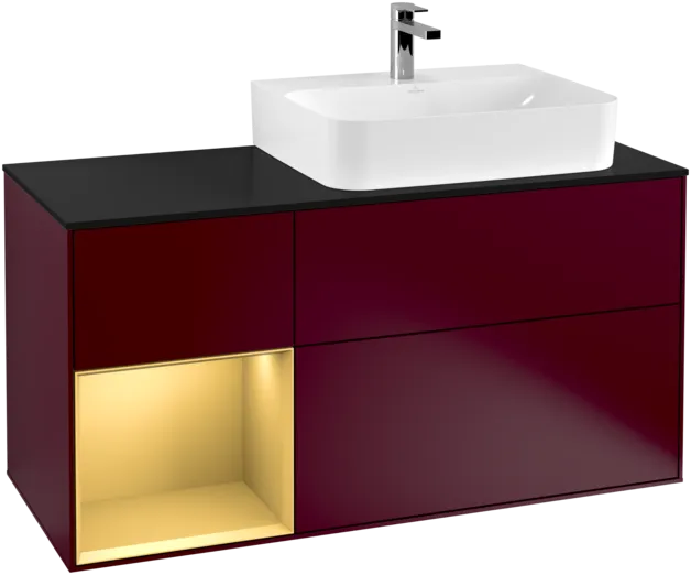 Picture of VILLEROY BOCH Finion Vanity unit, with lighting, 3 pull-out compartments, 1200 x 603 x 501 mm, Peony Matt Lacquer / Gold Matt Lacquer / Glass Black Matt #F142HFHB
