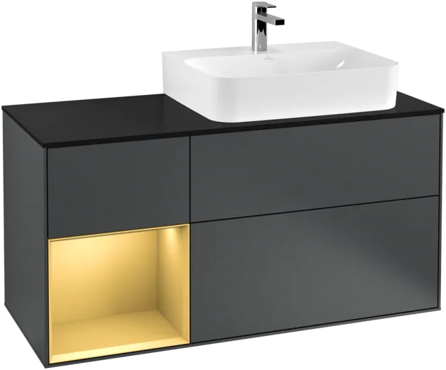 Picture of VILLEROY BOCH Finion Vanity unit, with lighting, 3 pull-out compartments, 1200 x 603 x 501 mm, Midnight Blue Matt Lacquer / Gold Matt Lacquer / Glass Black Matt #F142HFHG