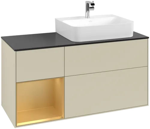 Picture of VILLEROY BOCH Finion Vanity unit, with lighting, 3 pull-out compartments, 1200 x 603 x 501 mm, Silk Grey Matt Lacquer / Gold Matt Lacquer / Glass Black Matt #F142HFHJ