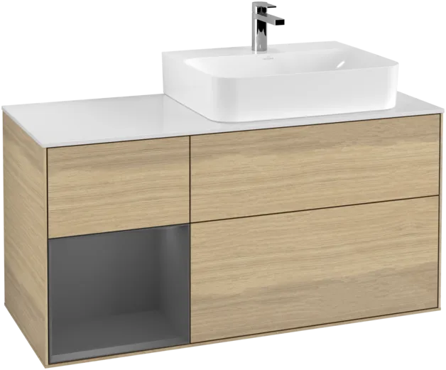 Picture of VILLEROY BOCH Finion Vanity unit, with lighting, 3 pull-out compartments, 1200 x 603 x 501 mm, Oak Veneer / Anthracite Matt Lacquer / Glass White Matt #F141GKPC
