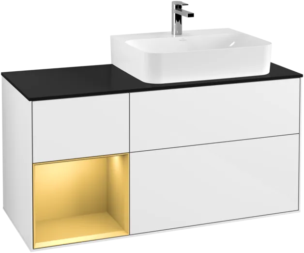 Picture of VILLEROY BOCH Finion Vanity unit, with lighting, 3 pull-out compartments, 1200 x 603 x 501 mm, Glossy White Lacquer / Gold Matt Lacquer / Glass Black Matt #F142HFGF