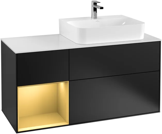 Obrázek VILLEROY BOCH Toaletní skříňka Finion, s osvětlením, 3 výsuvy, 1200 x 603 x 501 mm, černý matný lak / zlatý matný lak / bílé matné sklo #F141HFPD