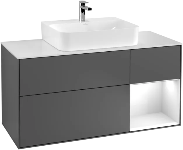 Picture of VILLEROY BOCH Finion Vanity unit, with lighting, 3 pull-out compartments, 1200 x 603 x 501 mm, Anthracite Matt Lacquer / Glossy White Lacquer / Glass White Matt #F171GFGK