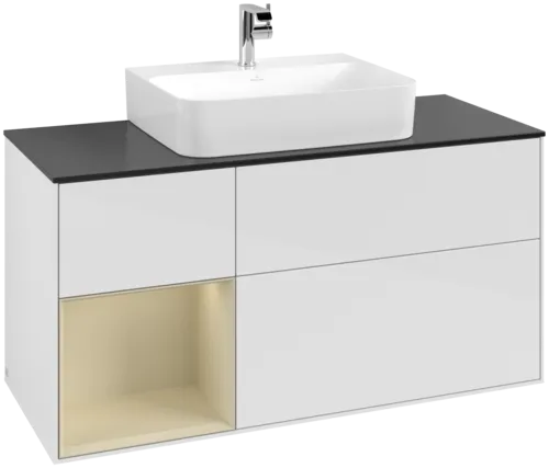 Picture of VILLEROY BOCH Finion Vanity unit, with lighting, 3 pull-out compartments, 1200 x 603 x 501 mm, Glossy White Lacquer / Silk Grey Matt Lacquer / Glass Black Matt #F162HJGF