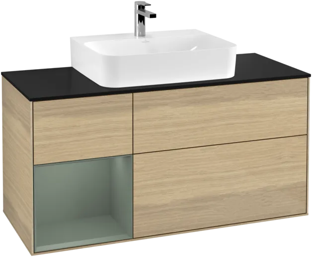 Picture of VILLEROY BOCH Finion Vanity unit, with lighting, 3 pull-out compartments, 1200 x 603 x 501 mm, Oak Veneer / Olive Matt Lacquer / Glass Black Matt #F162GMPC