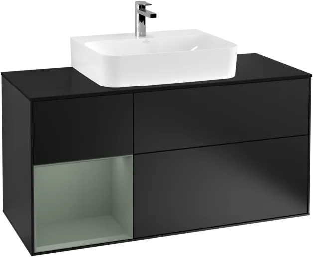 Picture of VILLEROY BOCH Finion Vanity unit, with lighting, 3 pull-out compartments, 1200 x 603 x 501 mm, Black Matt Lacquer / Olive Matt Lacquer / Glass Black Matt #F162GMPD