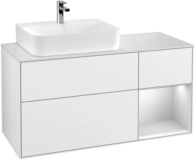 Зображення з  VILLEROY BOCH Finion Vanity unit, with lighting, 3 pull-out compartments, 1200 x 603 x 501 mm, Glossy White Lacquer / White Matt Lacquer / Glass White Matt #F151MTGF