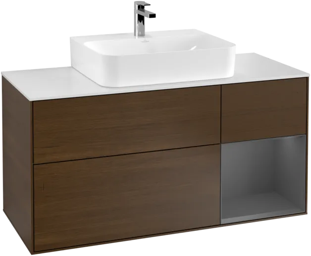 VILLEROY BOCH Finion Vanity unit, with lighting, 3 pull-out compartments, 1200 x 603 x 501 mm, Walnut Veneer / Anthracite Matt Lacquer / Glass White Matt #F171GKGN resmi