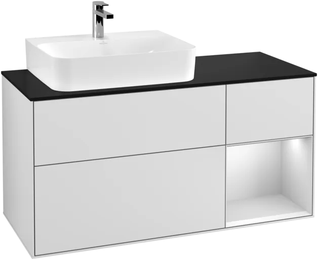 Obrázek VILLEROY BOCH Toaletní skříňka Finion, s osvětlením, 3 výsuvy, 1200 x 603 x 501 mm, bílý matný lak / bílý matný lak / černé matné sklo #F152MTMT