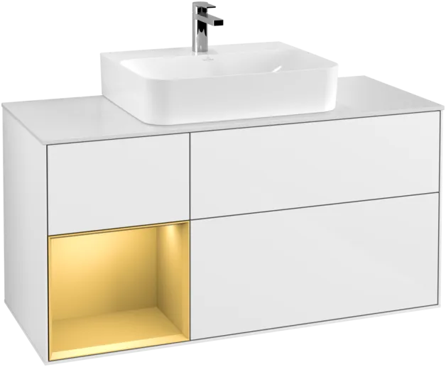 εικόνα του VILLEROY BOCH Finion Vanity unit, with lighting, 3 pull-out compartments, 1200 x 603 x 501 mm, Glossy White Lacquer / Gold Matt Lacquer / Glass White Matt #F161HFGF