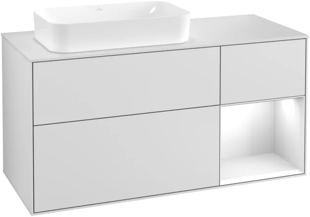 Obrázek VILLEROY BOCH Umyvadlová skříňka Finion, s osvětlením, 3 výsuvy, 1200 x 603 x 501 mm, bílý matný lak / bílý lesklý lak / bílé matné sklo #F281GFMT
