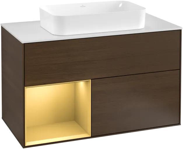 Obrázek VILLEROY BOCH Toaletní stolek Finion, s osvětlením, 2 výsuvy, 1000 x 603 x 501 mm, ořechová dýha / zlatý matný lak / sklo bílé matné #F241HFGN