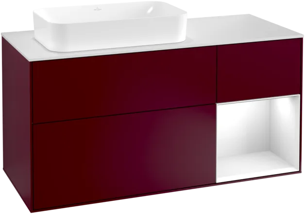 Bild von VILLEROY BOCH Finion Waschbeckenunterschrank, mit Beleuchtung, 3 Auszüge, 1200 x 603 x 501 mm, Peony Matt Lacquer / Glossy White Lacquer / Glass White Matt #F281GFHB