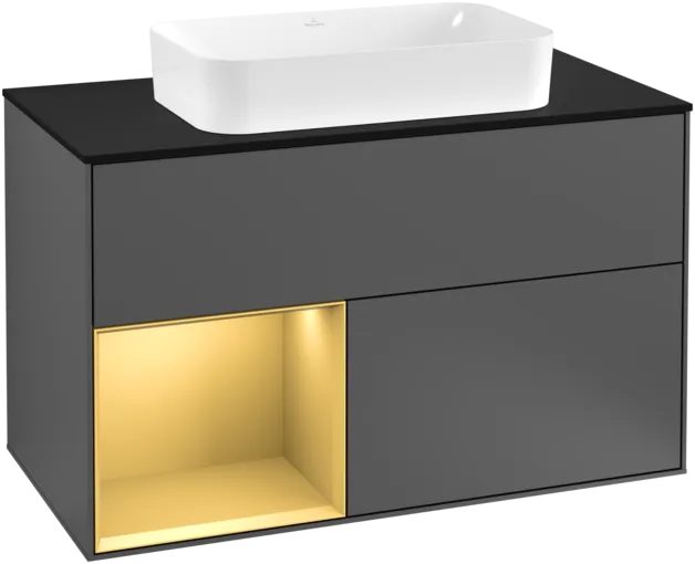 Obrázek VILLEROY BOCH Toaletní skříňka Finion, s osvětlením, 2 výsuvy, 1000 x 603 x 501 mm, antracit matný lak / zlatý matný lak / černé matné sklo #F242HFGK