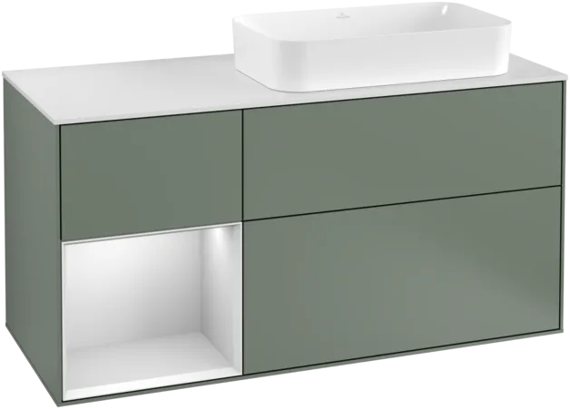 Obrázek VILLEROY BOCH Toaletní skříňka Finion, s osvětlením, 3 výsuvy, 1200 x 603 x 501 mm, olivový matný lak / bílý matný lak / bílé matné sklo #F271MTGM