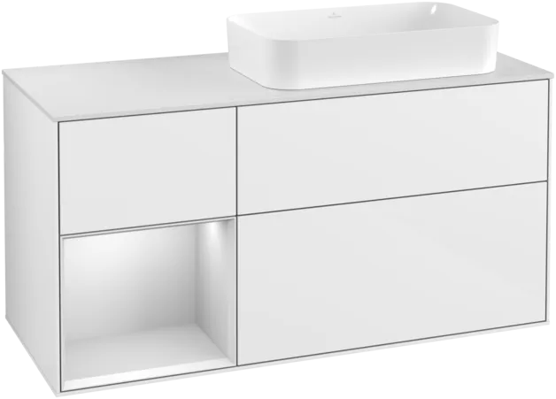 Obrázek VILLEROY BOCH Toaletní skříňka Finion, s osvětlením, 3 výsuvy, 1200 x 603 x 501 mm, lesklý bílý lak / bílý matný lak / bílé matné sklo #F271MTGF