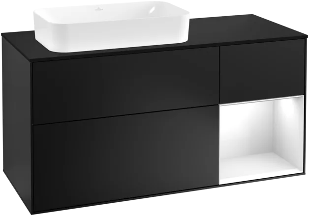 Obrázek VILLEROY BOCH Toaletní skříňka Finion, s osvětlením, 3 výsuvy, 1200 x 603 x 501 mm, černý matný lak / bílý lesklý lak / černé matné sklo #F282GFPD
