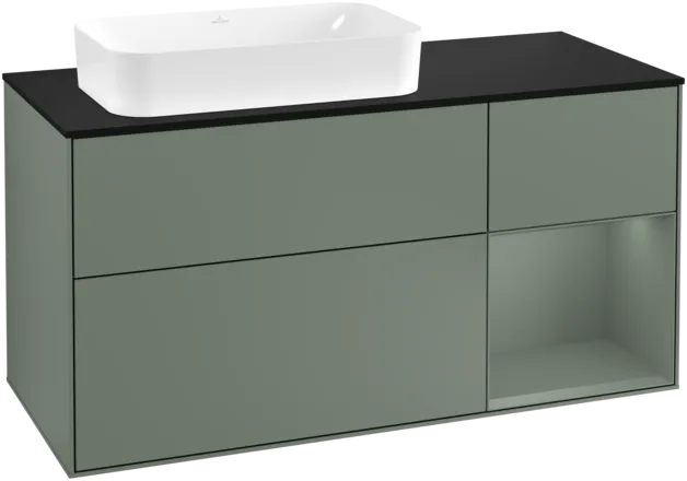 Obrázek VILLEROY BOCH Toaletní skříňka Finion, s osvětlením, 3 výsuvy, 1200 x 603 x 501 mm, olivově matný lak / olivově matný lak / sklo černé matné #F282GMGM