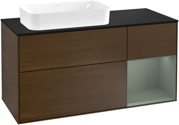 Obrázek VILLEROY BOCH Toaletní skříňka Finion, s osvětlením, 3 výsuvy, 1200 x 603 x 501 mm, ořechová dýha / olivově matný lak / sklo černé matné #F282GMGN
