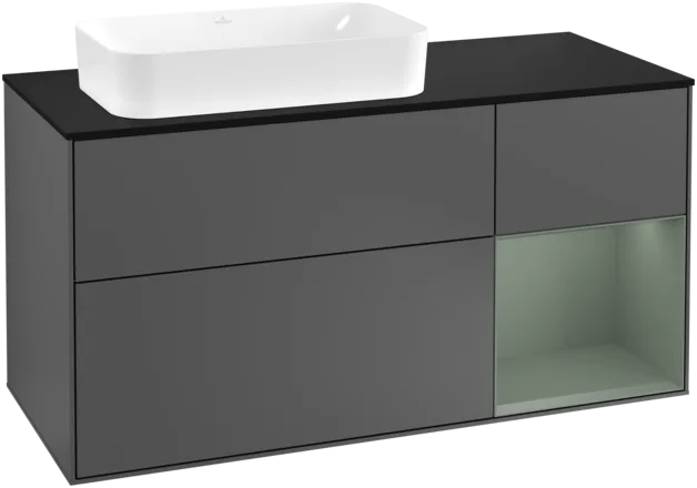 Obrázek VILLEROY BOCH Toaletní skříňka Finion, s osvětlením, 3 výsuvy, 1200 x 603 x 501 mm, antracitový matný lak / olivový matný lak / černé matné sklo #F282GMGK