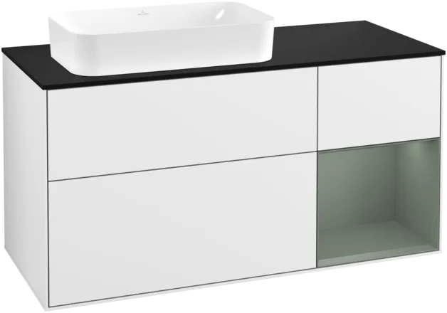 Obrázek VILLEROY BOCH Toaletní skříňka Finion, s osvětlením, 3 výsuvy, 1200 x 603 x 501 mm, lesklý bílý lak / olivově matný lak / černé matné sklo #F282GMGF