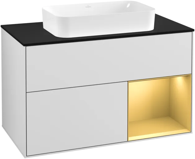 Obrázek VILLEROY BOCH Toaletní skříňka Finion, s osvětlením, 2 výsuvy, 1000 x 603 x 501 mm, bílý matný lak / zlatý matný lak / černé matné sklo #F252HFMT