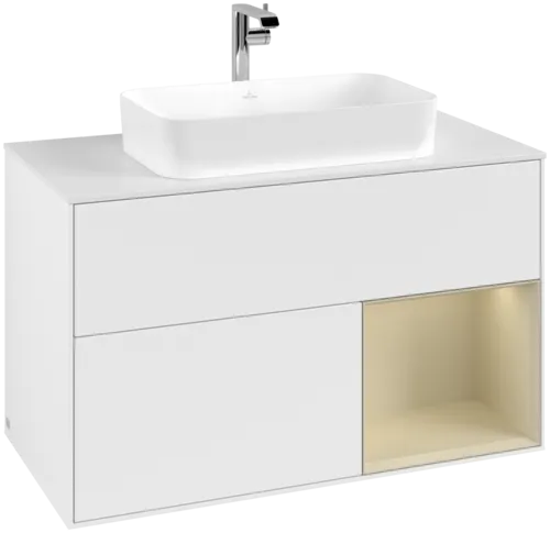 Obrázek VILLEROY BOCH Toaletní skříňka Finion, s osvětlením, 2 výsuvy, 1000 x 603 x 501 mm, bílý matný lak / hedvábně šedý matný lak / bílé matné sklo #F251HJMT