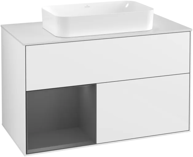 Obrázek VILLEROY BOCH Umyvadlová skříňka Finion, s osvětlením, 2 výsuvy, 1000 x 603 x 501 mm, lesklý bílý lak / antracitový matný lak / bílé matné sklo #F241GKGF