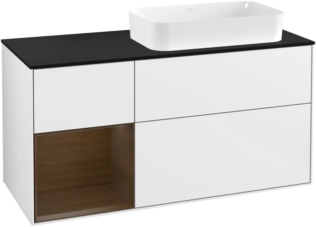 VILLEROY BOCH Finion Vanity unit, with lighting, 3 pull-out compartments, 1200 x 603 x 501 mm, Glossy White Lacquer / Walnut Veneer / Glass Black Matt #F272GNGF resmi
