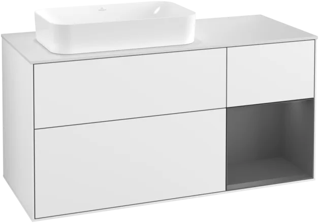 VILLEROY BOCH Finion Vanity unit, with lighting, 3 pull-out compartments, 1200 x 603 x 501 mm, Glossy White Lacquer / Anthracite Matt Lacquer / Glass White Matt #F281GKGF resmi