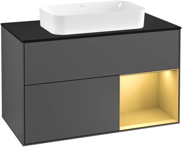 Obrázek VILLEROY BOCH Toaletní skříňka Finion, s osvětlením, 2 výsuvy, 1000 x 603 x 501 mm, antracit matný lak / zlatý matný lak / černé matné sklo #F252HFGK