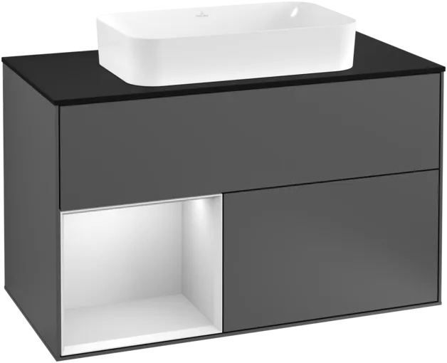 Obrázek VILLEROY BOCH Toaletní skříňka Finion, s osvětlením, 2 výsuvy, 1000 x 603 x 501 mm, antracitový matný lak / bílý matný lak / černé matné sklo #F242MTGK