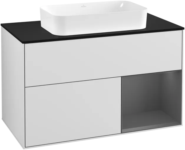 Obrázek VILLEROY BOCH Toaletní skříňka Finion, s osvětlením, 2 výsuvy, 1000 x 603 x 501 mm, bílý matný lak / antracitový matný lak / černé matné sklo #F252GKMT