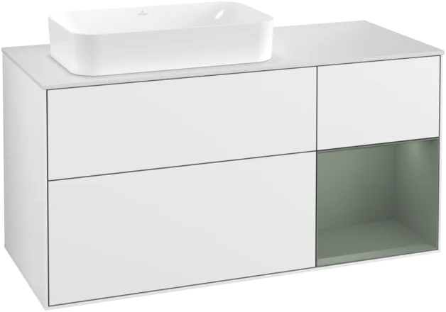 Obrázek VILLEROY BOCH Toaletní skříňka Finion, s osvětlením, 3 výsuvy, 1200 x 603 x 501 mm, lesklý bílý lak / olivově matný lak / sklo bílé matné #F281GMGF