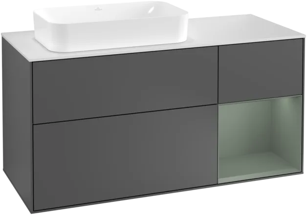 Obrázek VILLEROY BOCH Toaletní skříňka Finion, s osvětlením, 3 výsuvy, 1200 x 603 x 501 mm, antracitový matný lak / olivový matný lak / bílé matné sklo #F281GMGK