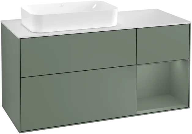 Obrázek VILLEROY BOCH Toaletní skříňka Finion, s osvětlením, 3 výsuvy, 1200 x 603 x 501 mm, olivově matný lak / olivově matný lak / sklo bílé matné #F281GMGM