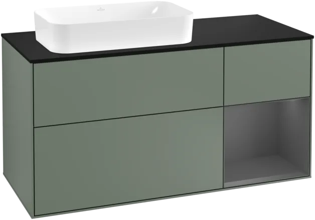 Obrázek VILLEROY BOCH Toaletní skříňka Finion, s osvětlením, 3 výsuvy, 1200 x 603 x 501 mm, olivový matný lak / antracitový matný lak / černé matné sklo #F282GKGM