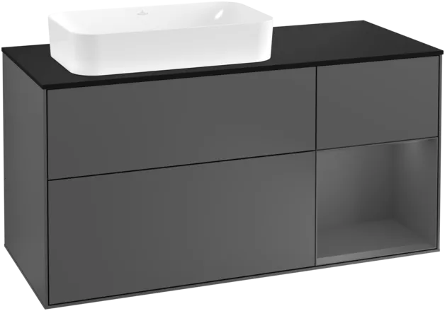 Obrázek VILLEROY BOCH Toaletní skříňka Finion, s osvětlením, 3 výsuvy, 1200 x 603 x 501 mm, antracit matný lak / antracit matný lak / sklo černé matné #F282GKGK