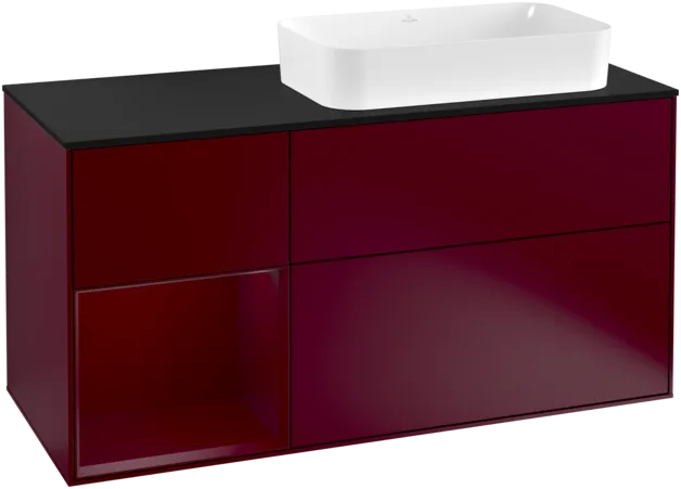 Obrázek VILLEROY BOCH Toaletní skříňka Finion, s osvětlením, 3 výsuvy, 1200 x 603 x 501 mm, Peony Matt Lacquer / Peony Matt Lacquer / Glass Black Matt #F272HBHB