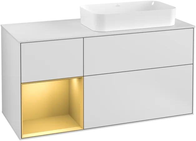 Obrázek VILLEROY BOCH Toaletní skříňka Finion, s osvětlením, 3 výsuvy, 1200 x 603 x 501 mm, bílý matný lak / zlatý matný lak / bílé matné sklo #F271HFMT