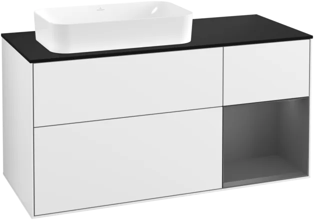 Obrázek VILLEROY BOCH Toaletní skříňka Finion, s osvětlením, 3 výsuvy, 1200 x 603 x 501 mm, lesklý bílý lak / antracitový matný lak / černé matné sklo #F282GKGF