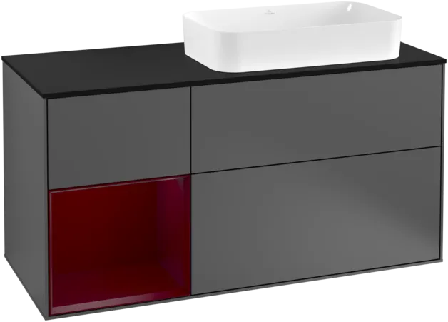 Obrázek VILLEROY BOCH Toaletní skříňka Finion, s osvětlením, 3 výsuvy, 1200 x 603 x 501 mm, antracitový matný lak / pivoňkový matný lak / černé matné sklo #F272HBGK