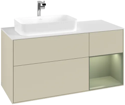 Obrázek VILLEROY BOCH Toaletní skříňka Finion, s osvětlením, 3 výsuvy, 1200 x 603 x 501 mm, hedvábně šedý matný lak / olivový matný lak / bílé matné sklo #F281GMHJ