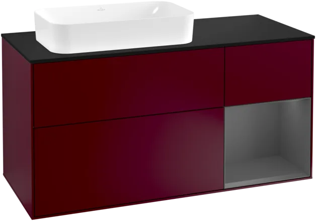 Obrázek VILLEROY BOCH Toaletní skříňka Finion, s osvětlením, 3 výsuvy, 1200 x 603 x 501 mm, Pivoňka matný lak / Antracit matný lak / Sklo černé matné #F282GKHB