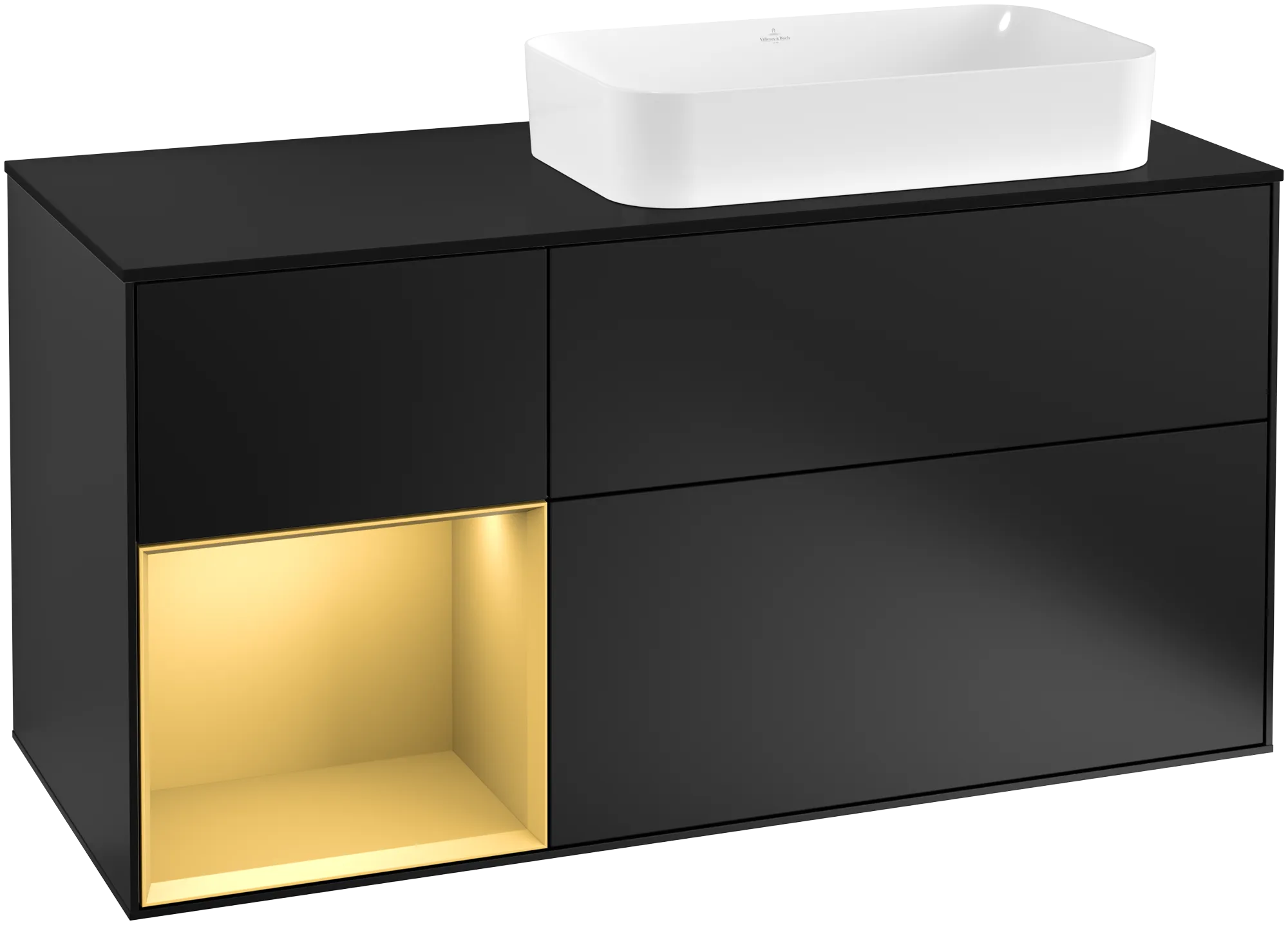 Obrázek VILLEROY BOCH Toaletní skříňka Finion, s osvětlením, 3 výsuvy, 1200 x 603 x 501 mm, černý matný lak / zlatý matný lak / černé matné sklo #F272HFPD