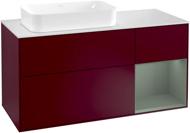 Obrázek VILLEROY BOCH Toaletní skříňka Finion, s osvětlením, 3 výsuvy, 1200 x 603 x 501 mm, Pivoňka matný lak / Olivový matný lak / Sklo bílé matné #F281GMHB