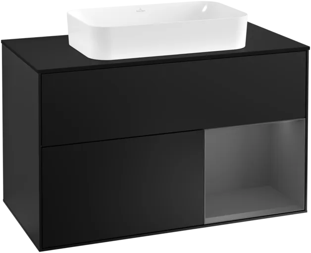 Obrázek VILLEROY BOCH Toaletní skříňka Finion, s osvětlením, 2 výsuvy, 1000 x 603 x 501 mm, černý matný lak / antracitový matný lak / černé matné sklo #F252GKPD