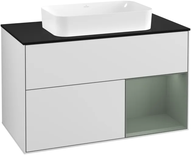 Obrázek VILLEROY BOCH Toaletní skříňka Finion, s osvětlením, 2 výsuvy, 1000 x 603 x 501 mm, bílý matný lak / olivový matný lak / černé matné sklo #F252GMMT