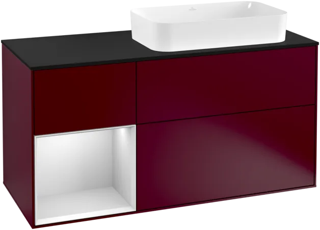 Obrázek VILLEROY BOCH Toaletní skříňka Finion, s osvětlením, 3 výsuvy, 1200 x 603 x 501 mm, matný lak Peony / bílý matný lak / černé matné sklo #F272MTHB